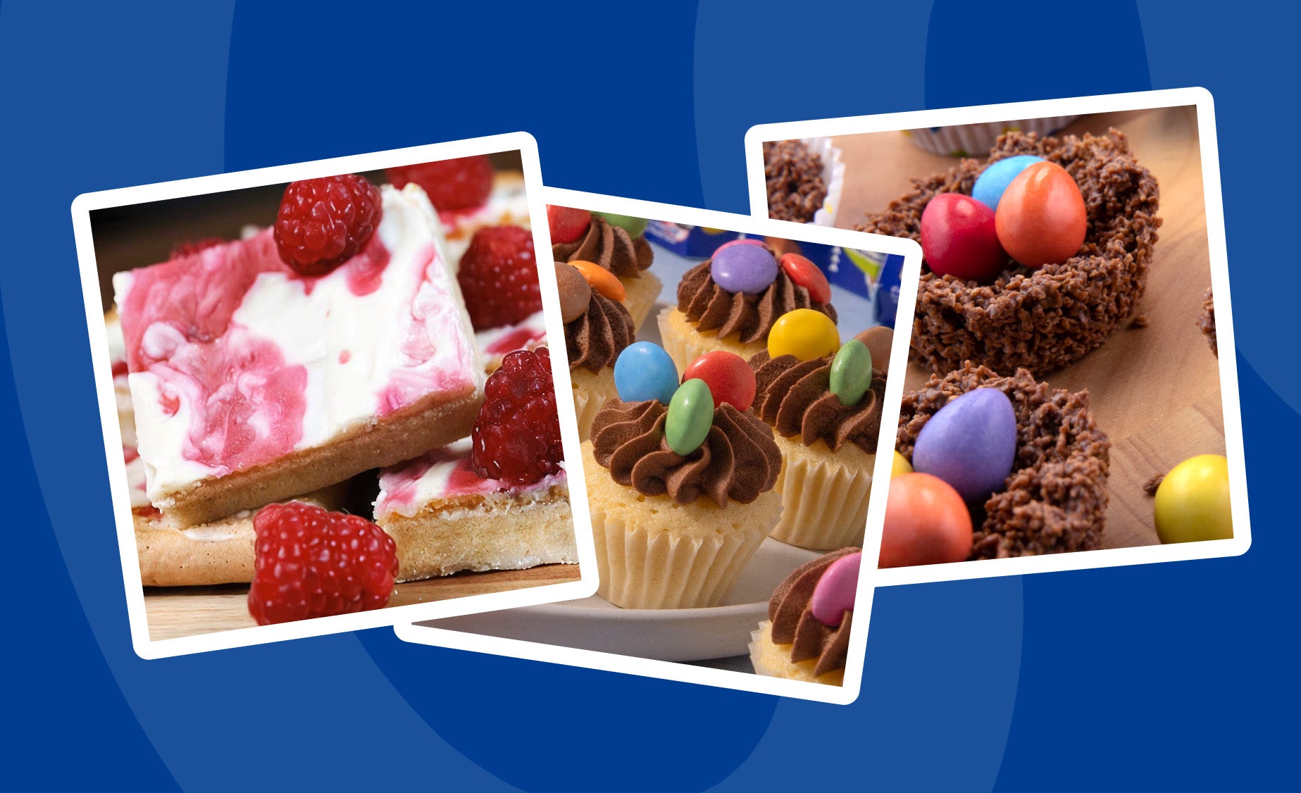 Collage of raspberry and Milkybar white chocolate traybake squares, Smarties mini cupcakes and Smarties chocolate cornflake 