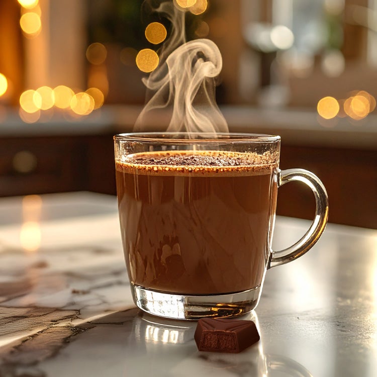 Steaming mug of hazelnut hot chocolate on a marble kitchen worktop, with cosy fairy lights in the background
