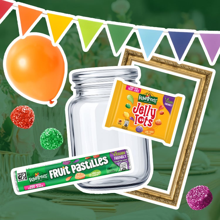 Collage of bunting, balloons, glass jars, a cake stand and Rowntree’s Fruit Pastilles, Randoms and Jelly Tots