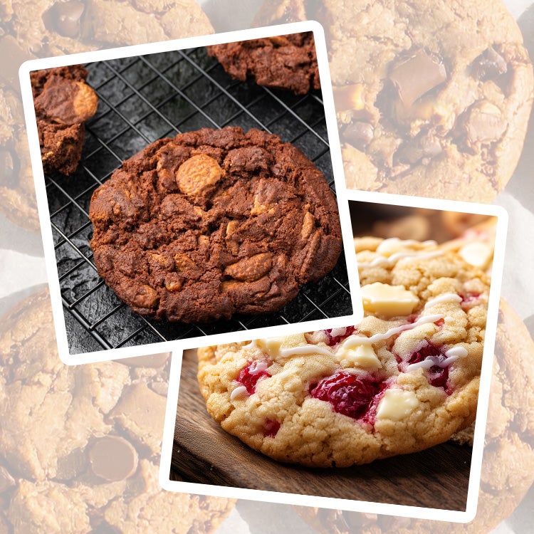 Collage of four cookies recipes including Chocolate Orange cookies, Smarties oat cookies and white chocolate and raspberry