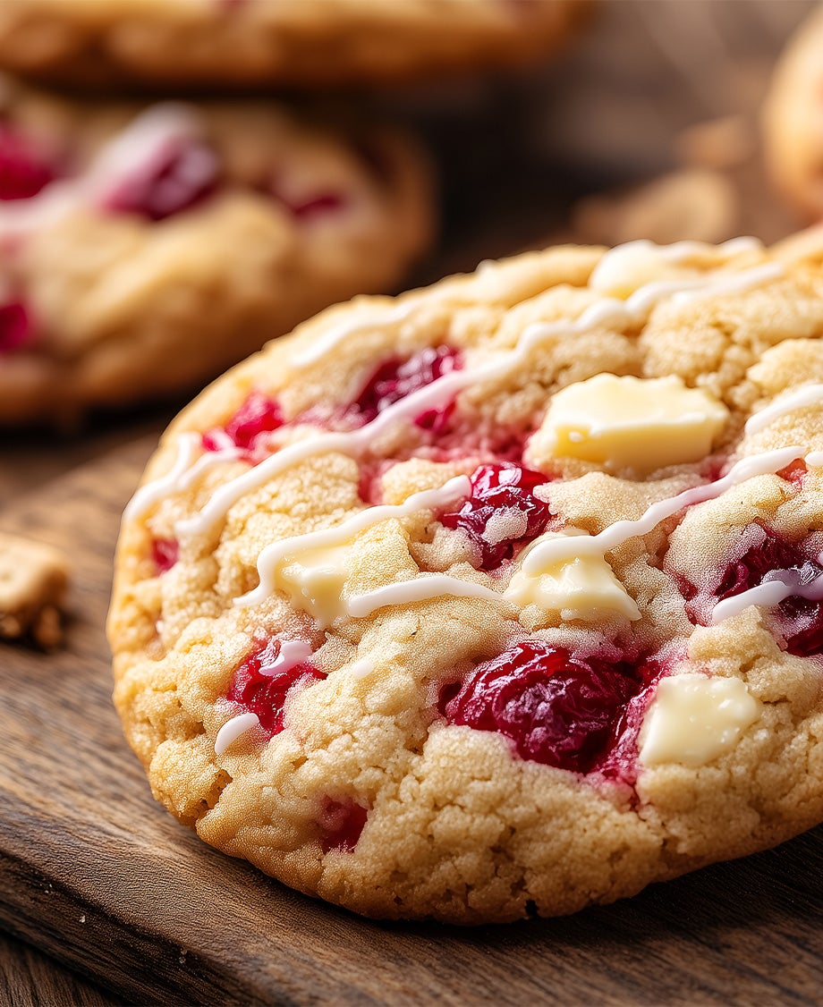 White chocolate cookie with chunks of white chocolate and raspberries baked in, on a wooden board