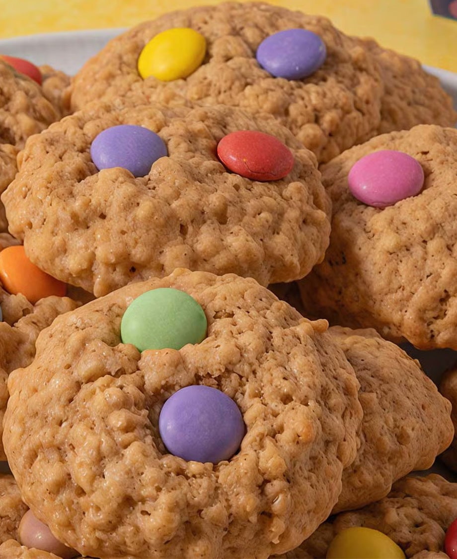 Vanilla oat cookies with two colourful Smarties pressed into each cookie