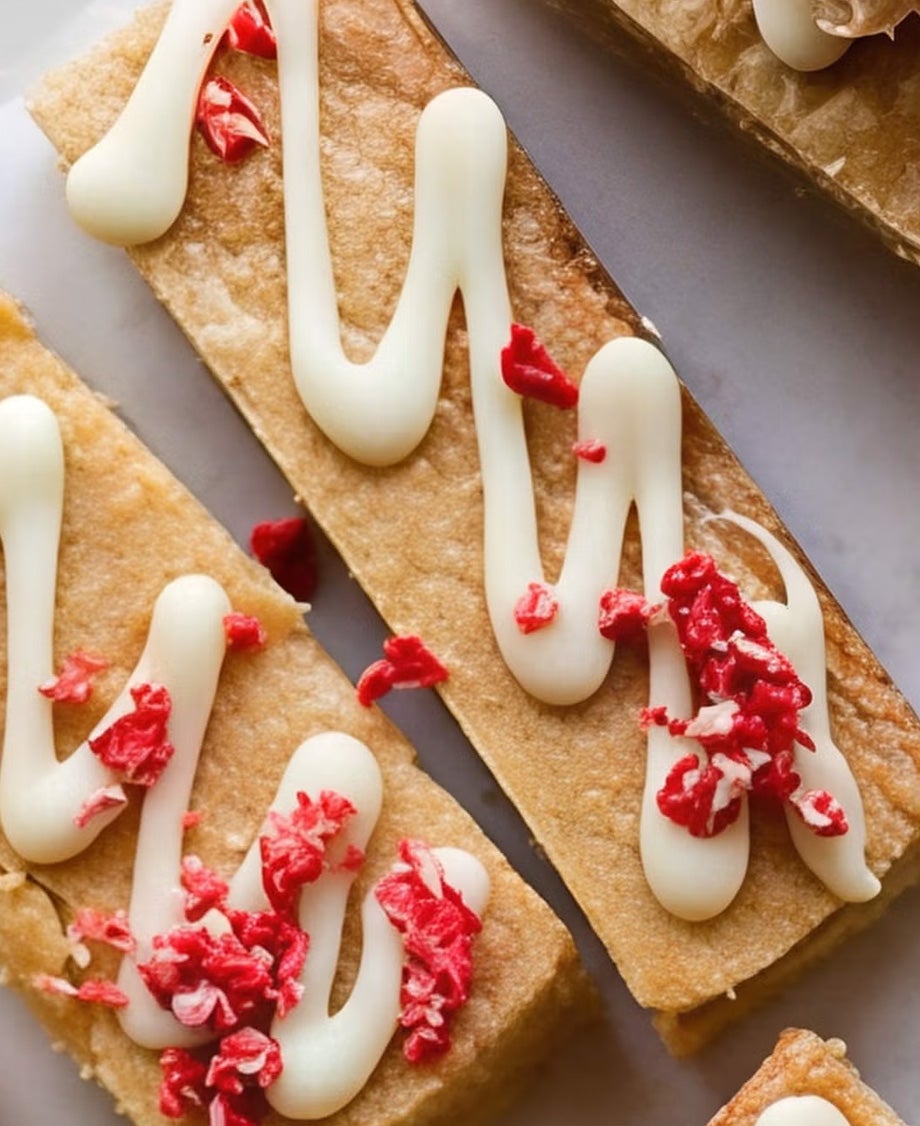 Shortbread bars with white chocolate drizzled on the top and a sprinkle of freeze dried raspberries 