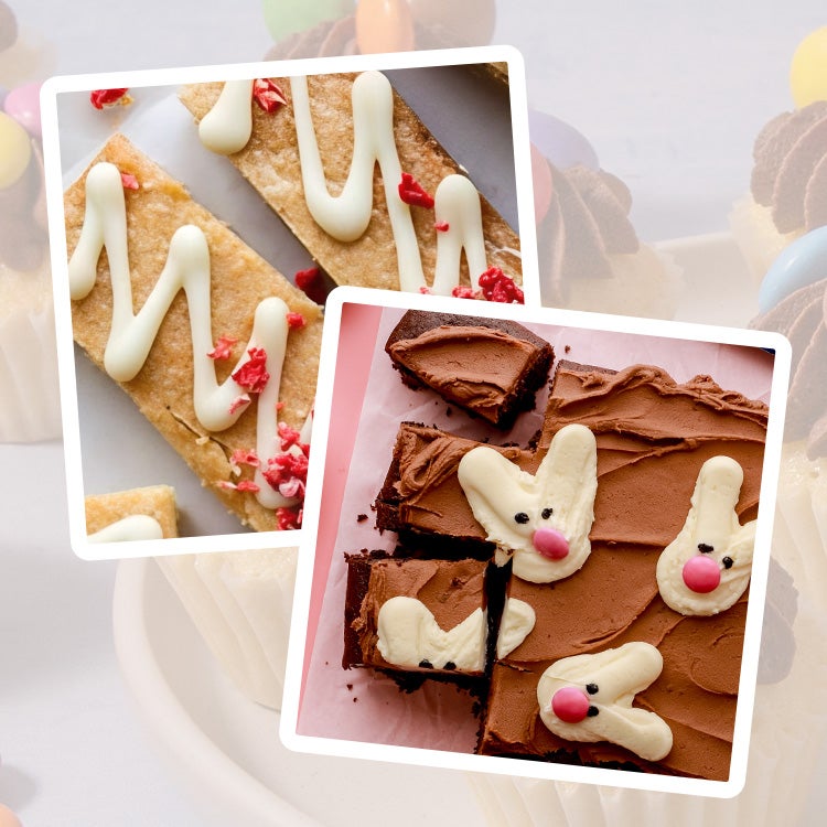Collage of four different bakes comprising Chocolate Cornflake Nests, White Chocolate Shortbread, Brownies