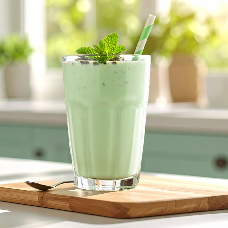 Small fluffy light green milkshake with Aero Peppermint shavings in the top, decorated with a sprig of mint 