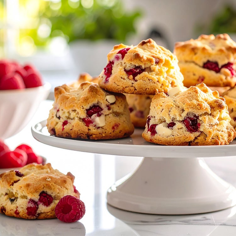 Batch of golden white chocolate and raspberry scones on a cake stand atop a marble kitchen surface