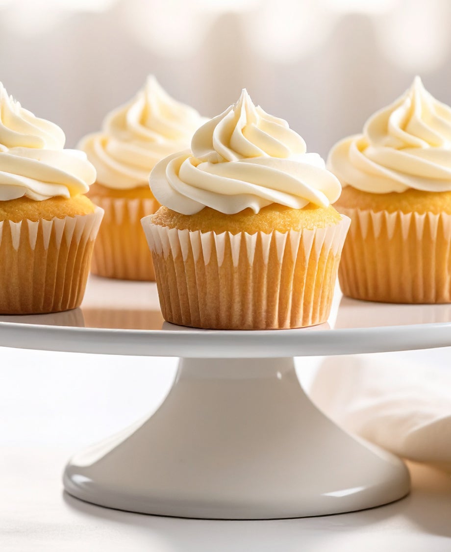 Four vanilla cupcakes on a cake tray topped with a swirl of Milkybar white chocolate buttercream, on a white surface
