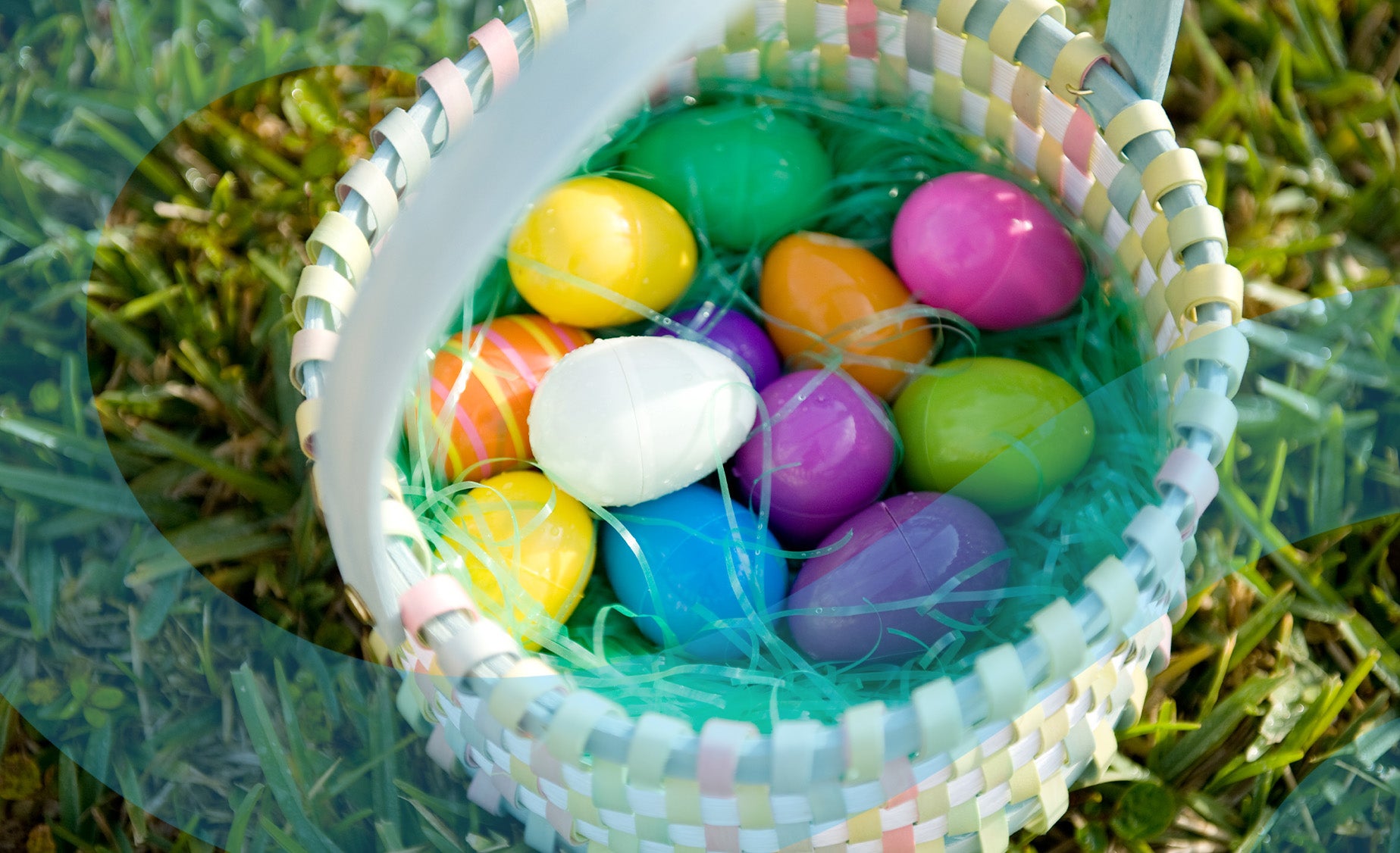 Overhead shot of a basket of pastel-coloured Easter Eggs in the grass