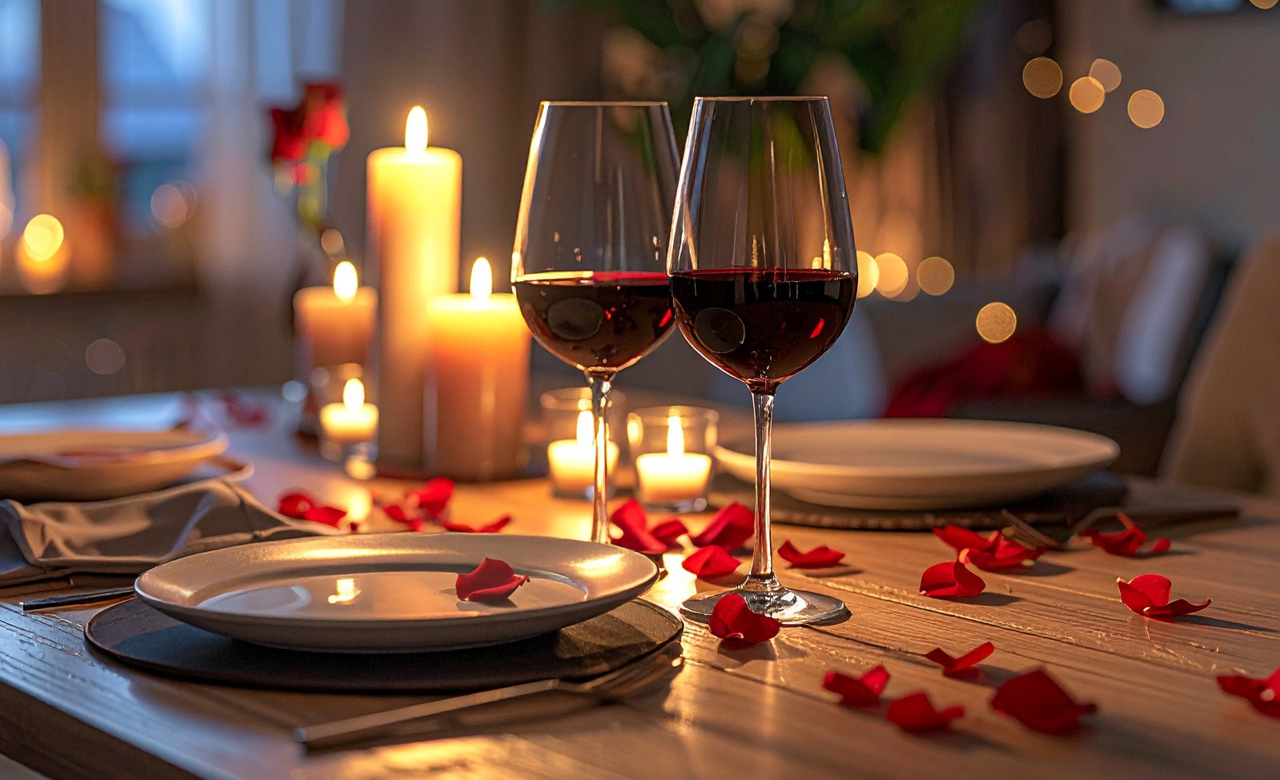 Candlelit dinner table with red rose petals and two glasses of red wine