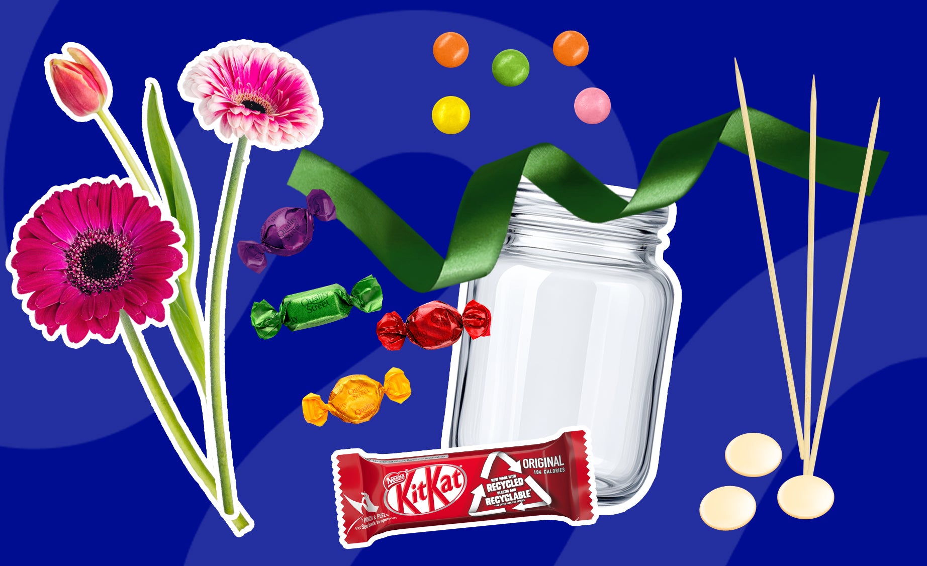 Collage of a glass jar with equipment to make a chocolate bouquet, including Milkybar Buttons, Smarties, Quality Street sweet