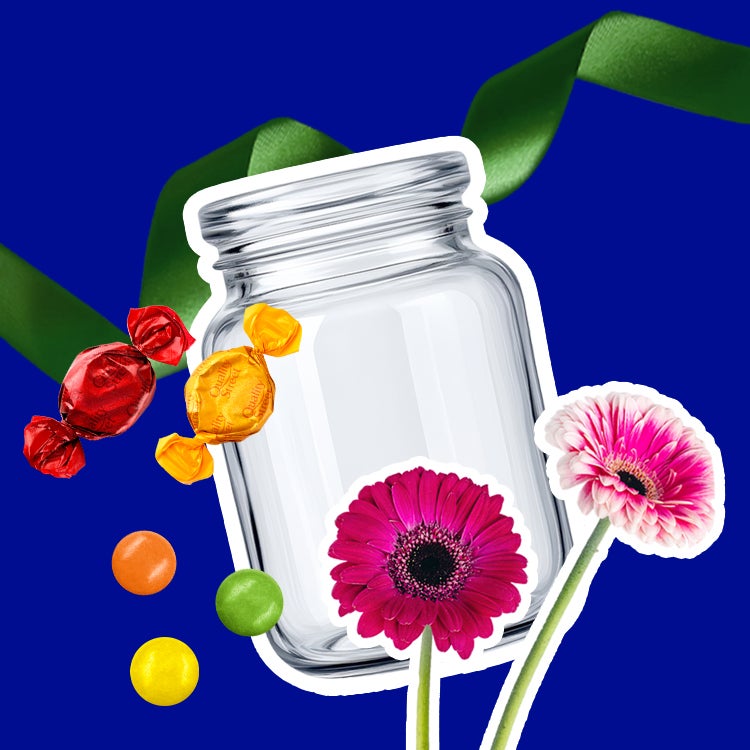 Collage of a glass jar with Smarties, Quality Street sweets and a KitKat surrounded by some ribbon and flowers