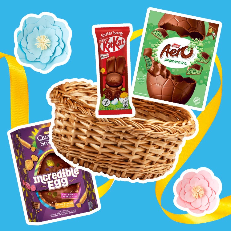  Collage of wicker basket, yellow ribbon, pastel coloured fake flowers and Quality Street and Aero Easter eggs with a KitKat 