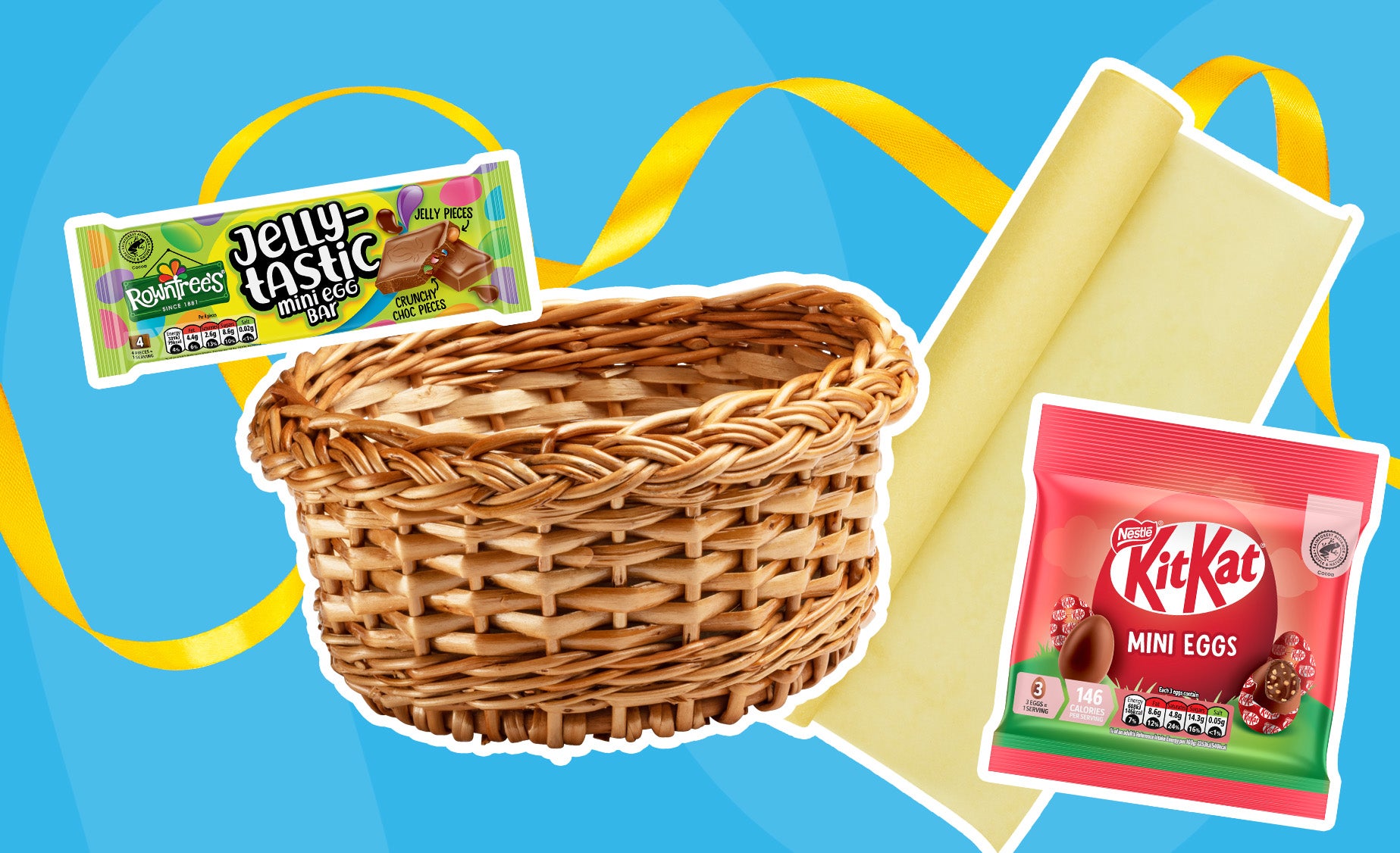 Collage of wicker basket, Jellytastic  Jelly Tots chocolate bar, bag of KitKat Mini Eggs, yellow ribbon and plain wrapping pa