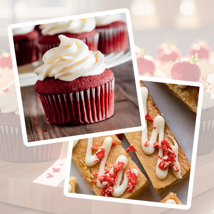 Collage of strawberry, raspberry and Milkybar white chocolate cupcackes for Valentine’s Day