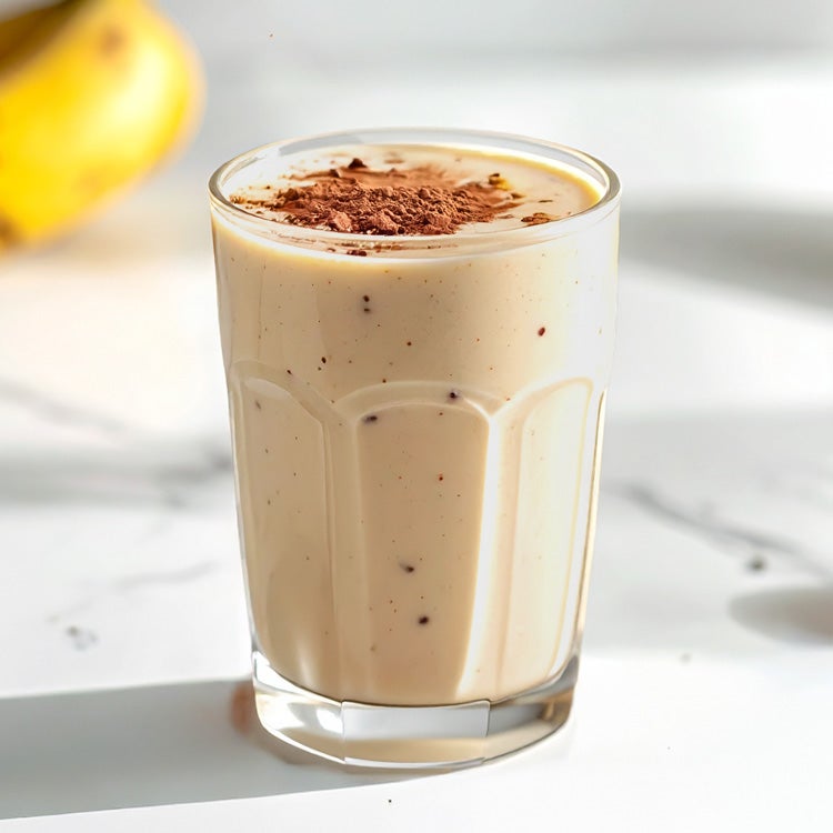 Chocolate Banana Milkshake n a marbled table surrounded by bananas