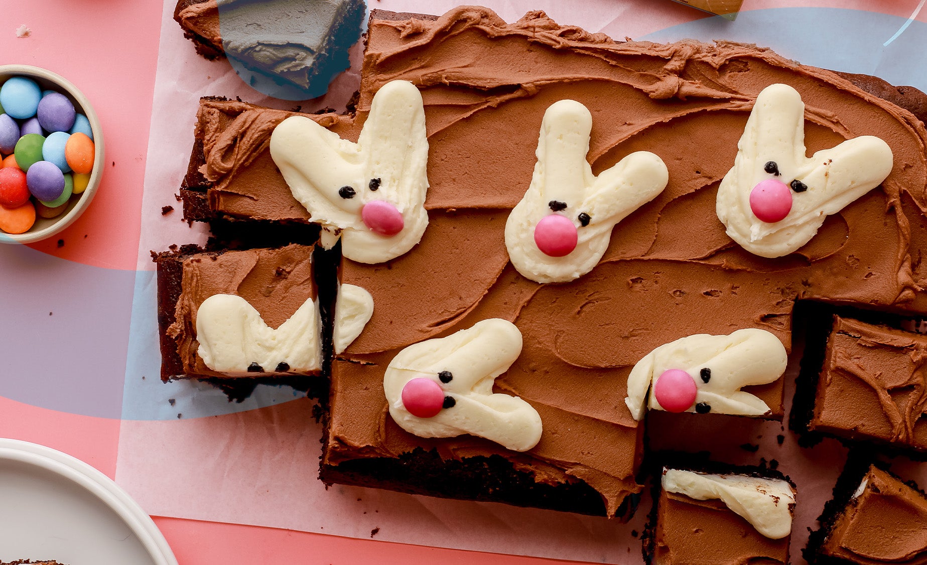 Rectangular chocolate buttercream cake with buttercream Easter Bunnies decoration 