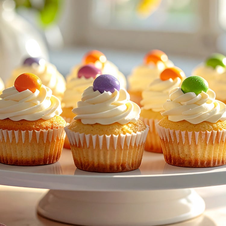 Plate of vanilla birthday cupcakes topped with pale buttercream and one colourful Smarties each