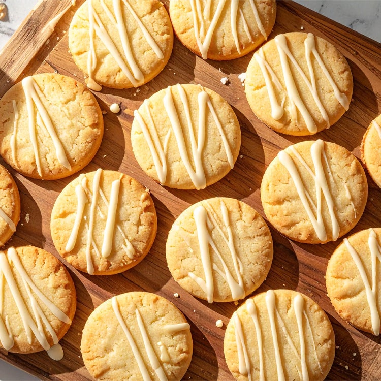 Round, golden shortbread cookies drizzled with Milkybar white chocolate on a wooden board 