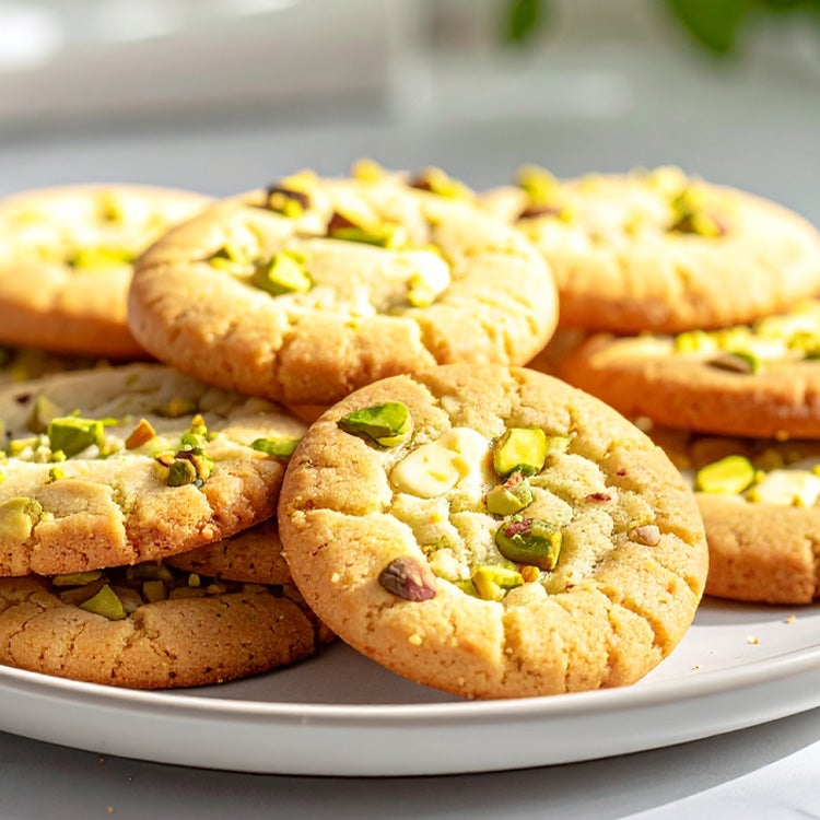Plate of golden white chocolate and pistachio cookies on a white marble surface