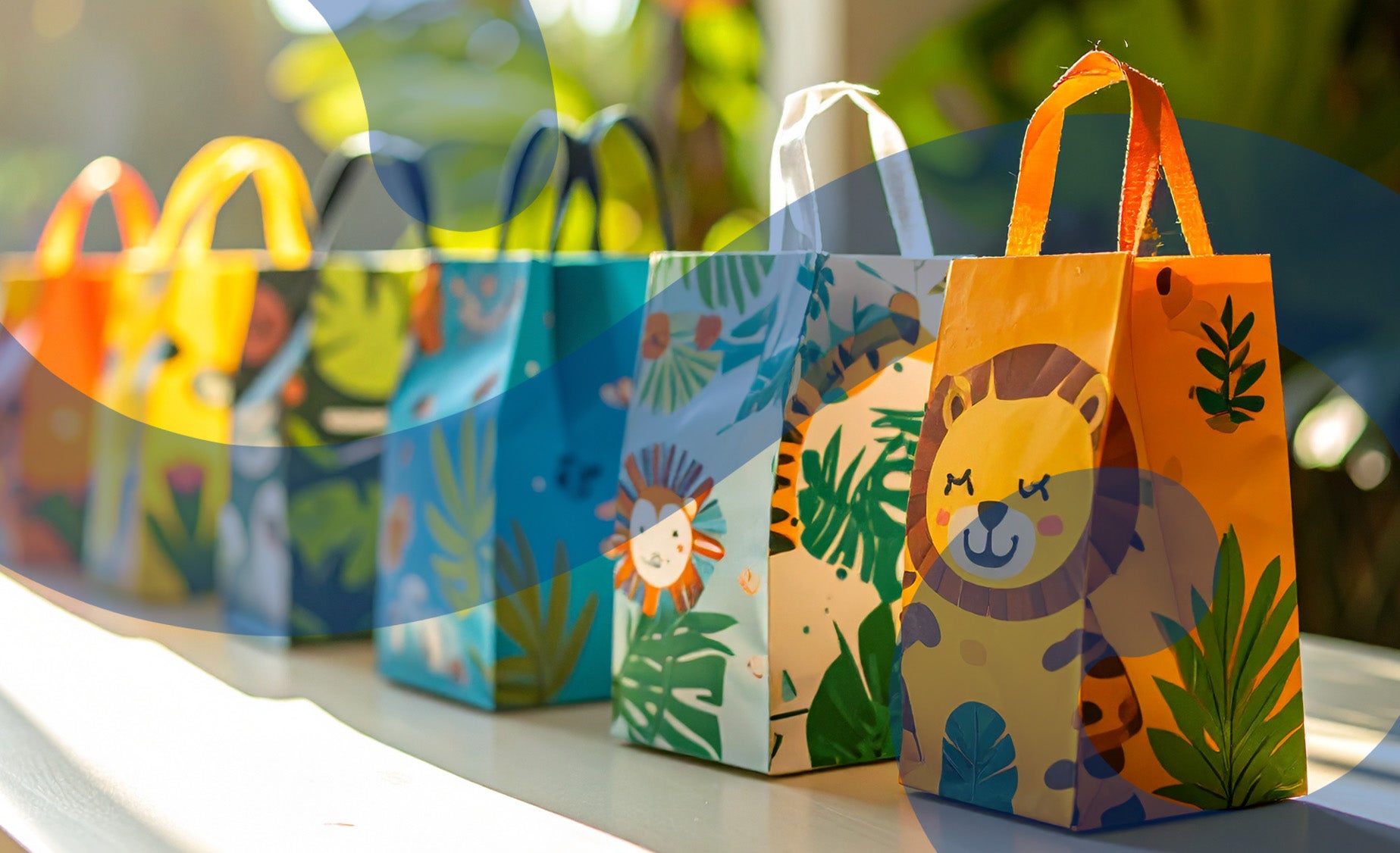 Row of children’s party bags with fun animal prints