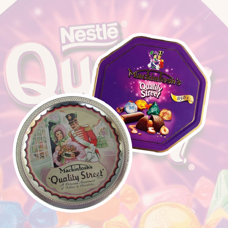 : A selection of five Quality Street tin designs through the years 