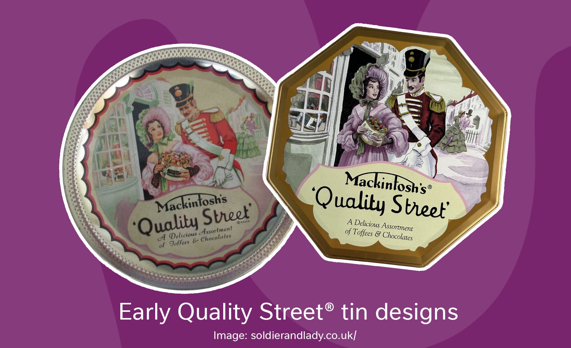 Collage of two early Quality Street tin designs on a purple background