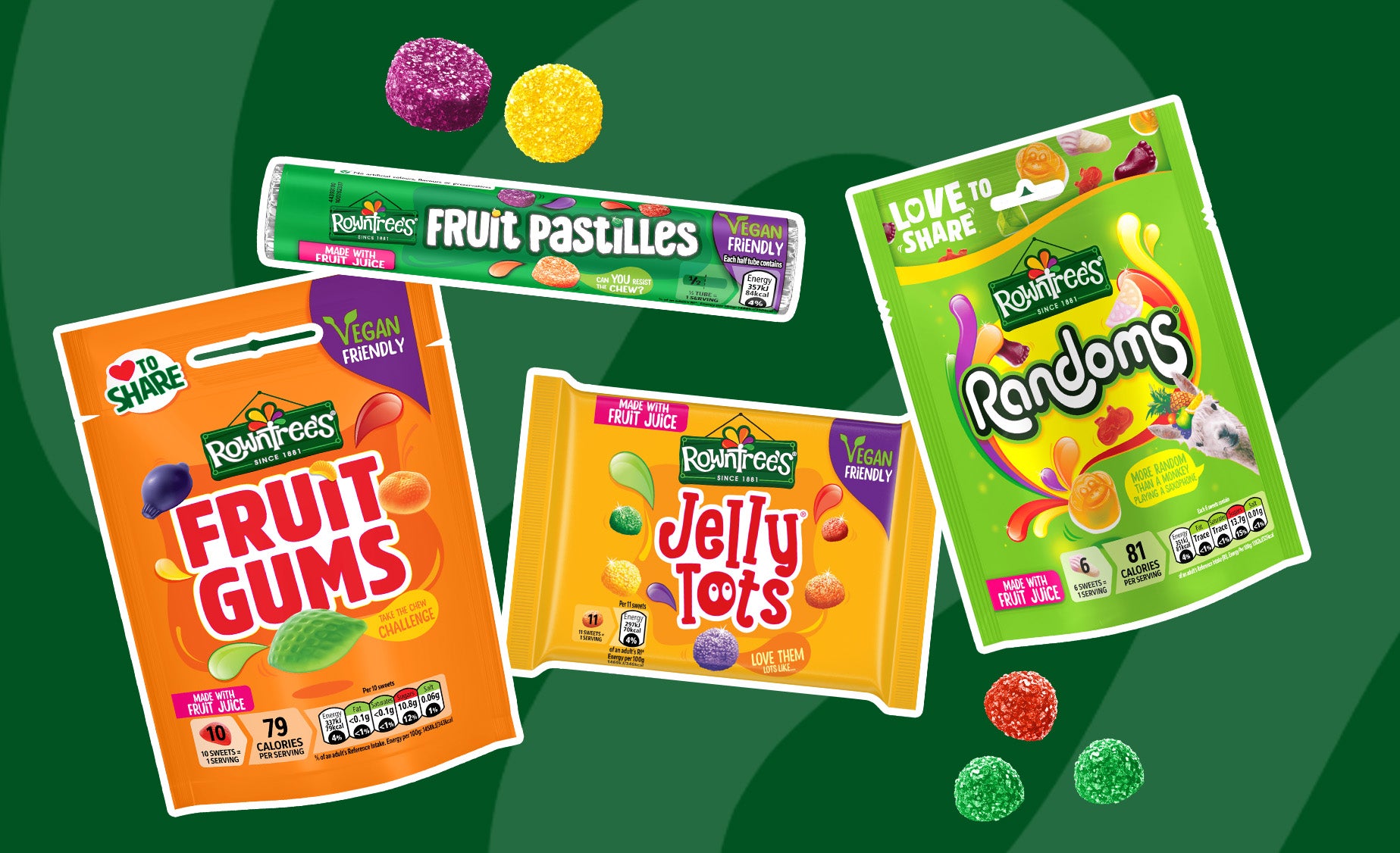 Collage of Rowntree’s sweets on a green background, including Fruit Pastilles, Randoms, Fruit Gums and Jelly Tots.