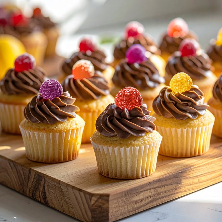 Batch of golden mini cupcakes on a wooden board, each topped with a whirl of chocolate buttercream and a Rowntree’s Jelly Tot