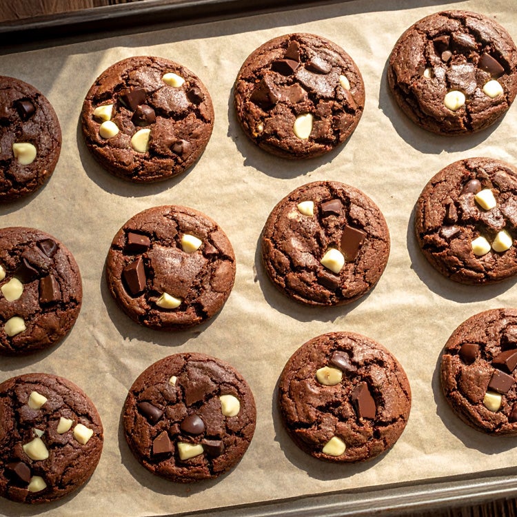 12 milk and white chocolate chip chocolate cookies on a baking tray