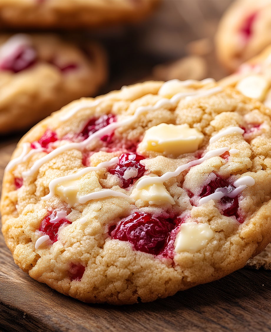 Golden cookies with jammy raspberries and chunks of Milkybar white chocolate throughout and drizzled on top