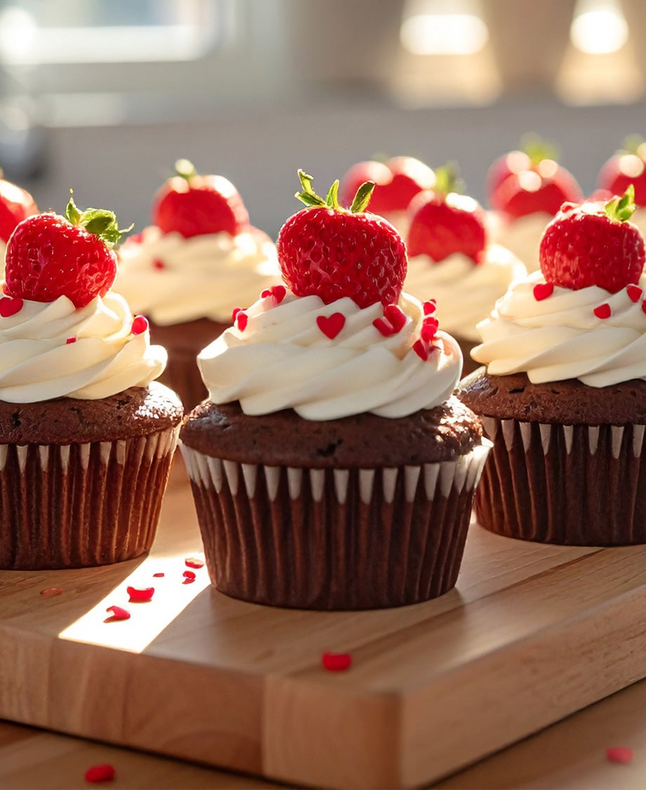 batch of chocolate cupcakes on a wooden board topped with white chocolate buttercream, heart shaped sprinkles and a fresh str
