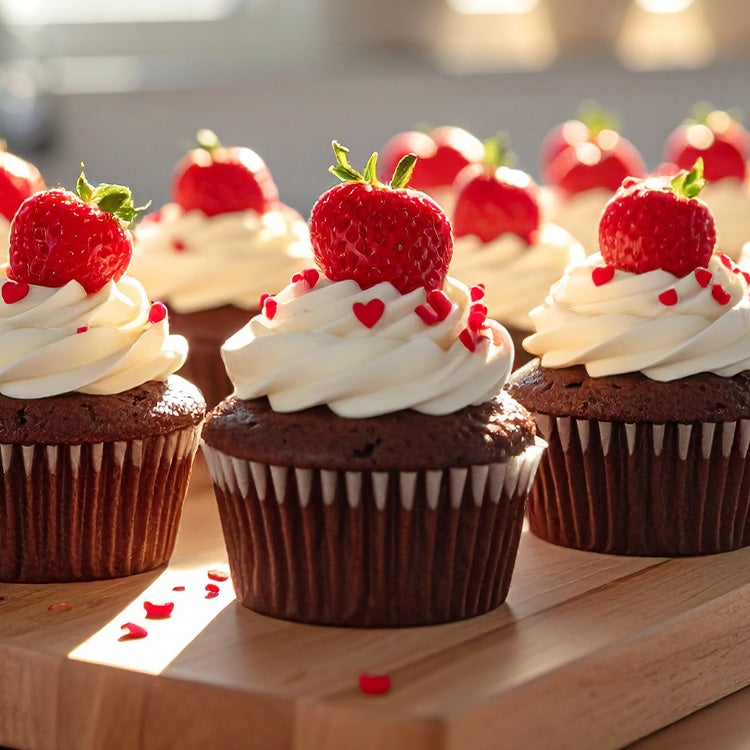 batch of chocolate cupcakes on a wooden board topped with white chocolate buttercream, heart shaped sprinkles and a fresh str