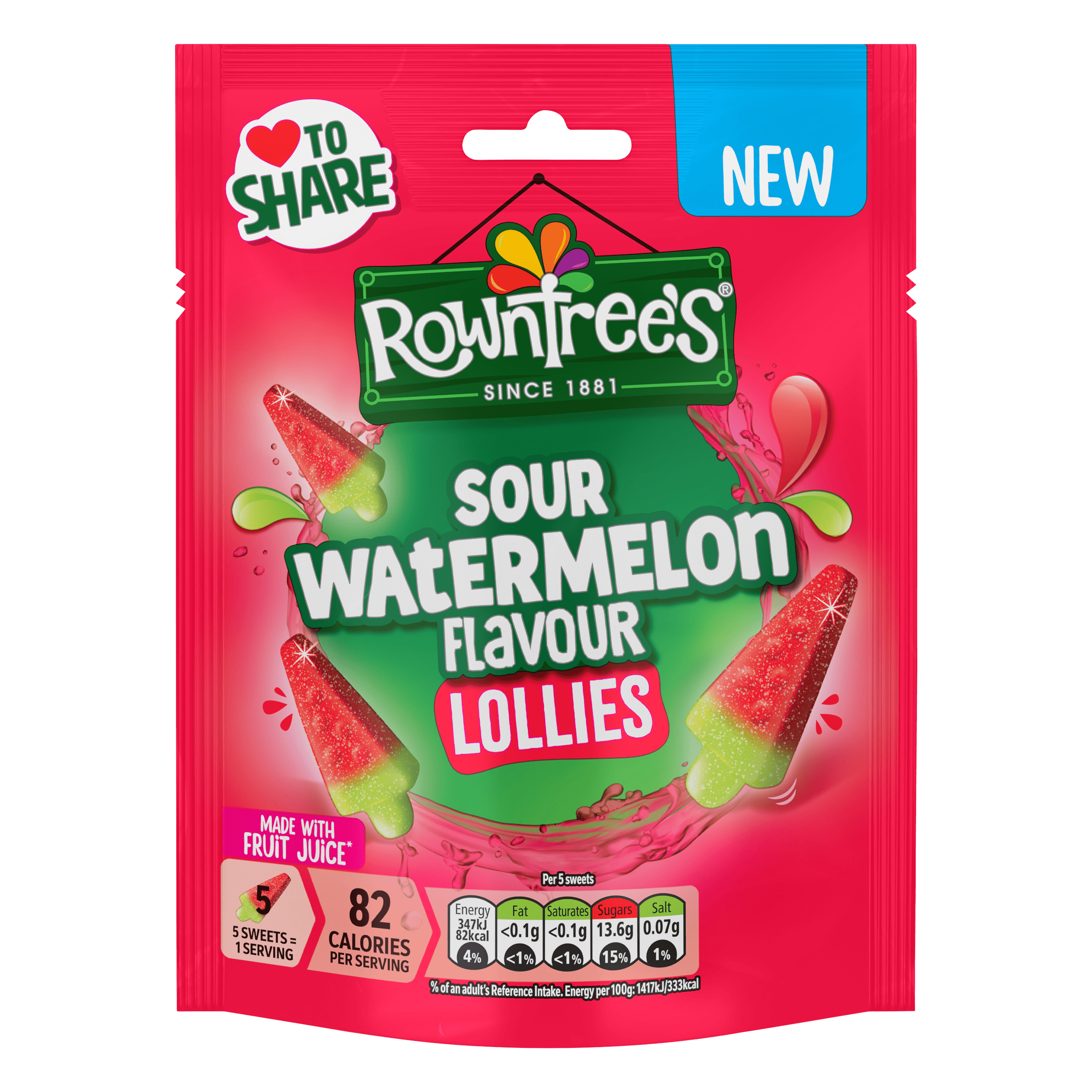 Rowntree's Lollies Sour Watermelon Flavour Sweets Sharing Bag 130g